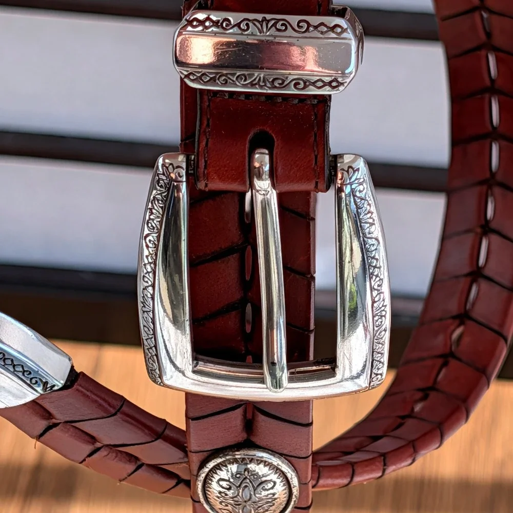 Brighton Red Brown Braided Leather Belt Silver Conchos Engraved Buckle 33